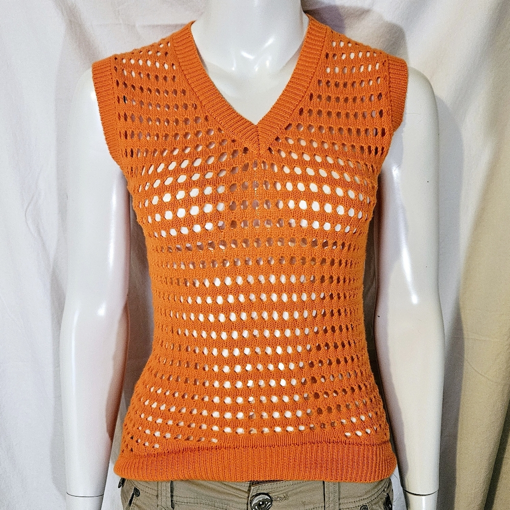 Bailey 44 Orange Open Knit Mesh Sweater Vest High Low V-Neck Size Small NWT
